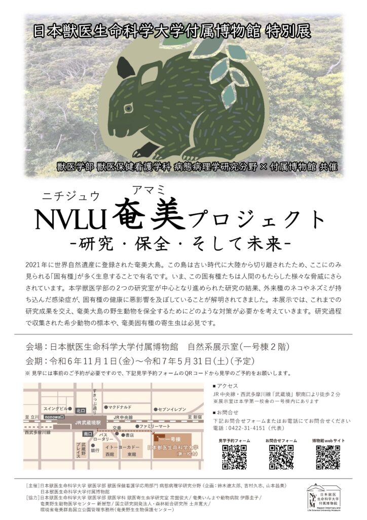 日本獣医生命科学大学付属博物館 特別展「NVLU奄美プロジェクト -研究・保全・そして未来-」チラシ