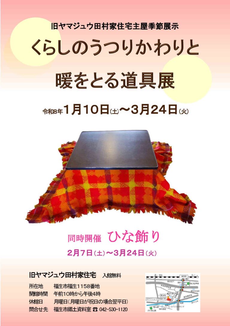 旧ヤマジュウ田村家住宅主屋季節展示               「くらしのうつりかわりと暖をとる道具展」